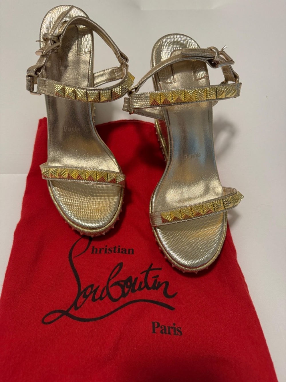 Christian Louboutin Gold Metallic Studded Ankle-Strap Sandals